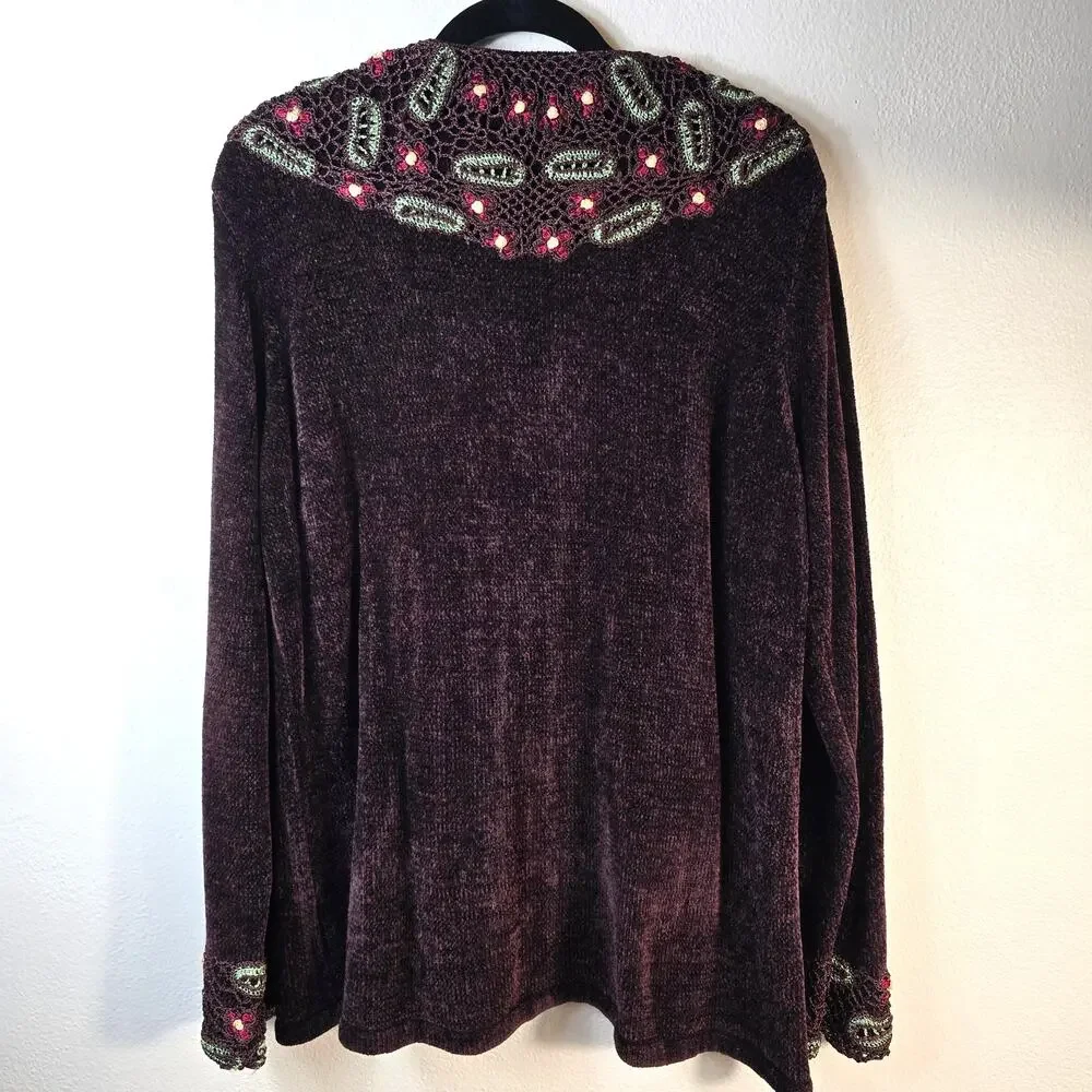 Storybook Knits Sweater Women's 1X Brown Chenille Green Red Floral Crochet